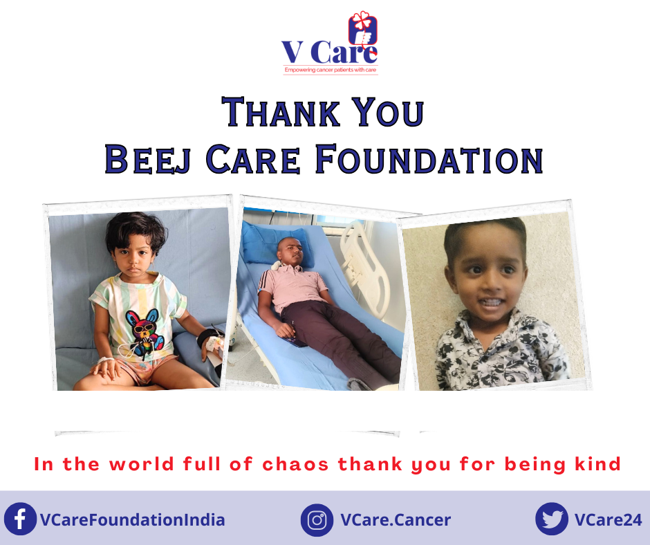 Thank you note from V Care Foundation, with photos of the three children supported